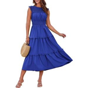 imageGRACE KARIN Womens Sleeveless Casual Summer Smocked Waist Tiered Maxi Patchwork Crochet Aline Flowy DressesRoyal Blue
