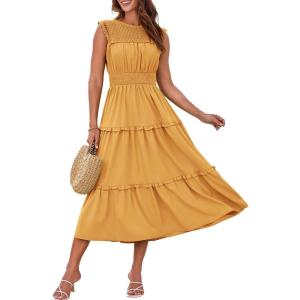 imageGRACE KARIN Womens Sleeveless Casual Summer Smocked Waist Tiered Maxi Patchwork Crochet Aline Flowy DressesYellow