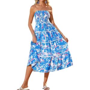imageGRACE KARIN Womens Strapless Tube Tops Dress 2025 Summer Smocked Tiered Floral Dress Beach Casual Maxi Dress with PocketBlue Floral