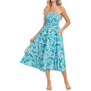 imageGRACE KARIN Womens Strapless Tube Tops Dress 2025 Summer Smocked Tiered Floral Dress Beach Casual Maxi Dress with PocketBlue White Floral