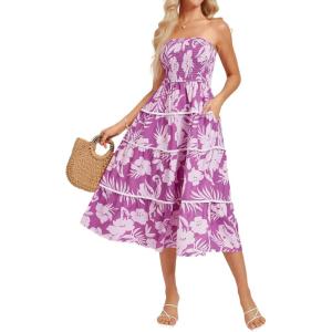 imageGRACE KARIN Womens Strapless Tube Tops Dress 2025 Summer Smocked Tiered Floral Dress Beach Casual Maxi Dress with PocketPurple White Floral