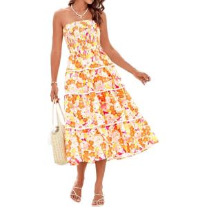 imageGRACE KARIN Womens Strapless Tube Tops Dress 2025 Summer Smocked Tiered Floral Dress Beach Casual Maxi Dress with PocketYellow White Floral