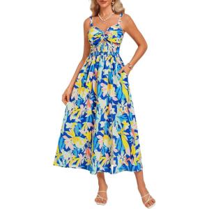 imageGRACE KARIN Womens Summer Spaghetti Strap Maxi Dress Smocked Floral A line Dress Sleeveless Boho Beach Sundress with PocketsBlue Yellow Floral