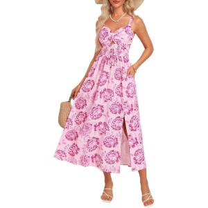 imageGRACE KARIN Womens Summer Spaghetti Strap Maxi Dress Smocked Floral A line Dress Sleeveless Boho Beach Sundress with PocketsPink Floral