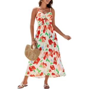 imageGRACE KARIN Womens Summer Spaghetti Strap Maxi Dress Smocked Floral A line Dress Sleeveless Boho Beach Sundress with PocketsRed Floral