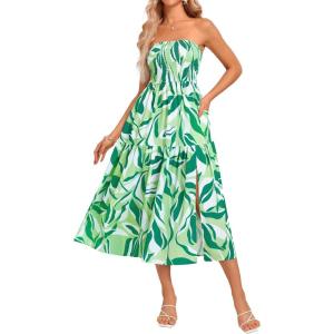 imageGRACE KARIN Womens Summer Strapless Dress Smocked Casual Beach Party Long Maxi Dresses with PocketsGreen