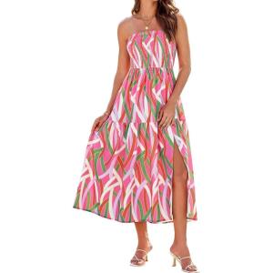 imageGRACE KARIN Womens Summer Strapless Dress Smocked Casual Beach Party Long Maxi Dresses with PocketsGreen Pink