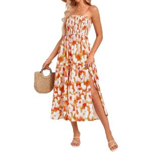 imageGRACE KARIN Womens Summer Strapless Dress Smocked Casual Beach Party Long Maxi Dresses with PocketsOrange