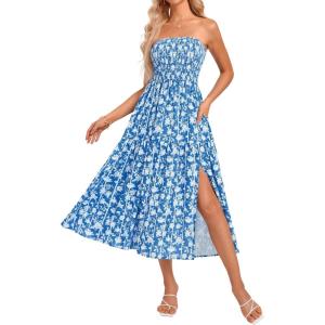 imageGRACE KARIN Womens Summer Strapless Dress Smocked Casual Beach Party Long Maxi Dresses with PocketsPink