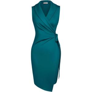 imageGRACE KARIN Ruched Wrap Dress for Women Semi Formal Party Cocktail Sheath Fitted Waist Tie Bodycon Dress Peacock Blue L