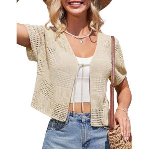 imageGRACE KARIN Womens 2025 Summer Cropped Cardigan Short Sleeve Tie Front Hollow Out Crochet Knit Shrug Sweater TopsApricot