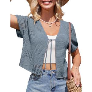 imageGRACE KARIN Womens 2025 Summer Cropped Cardigan Short Sleeve Tie Front Hollow Out Crochet Knit Shrug Sweater TopsGray Blue