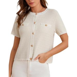 imageGRACE KARIN Womens 2025 Summer Striped Cardigan Sweaters Casual Short Sleeve Open Front Button Down Knit Sweater TopsStripe Apricot