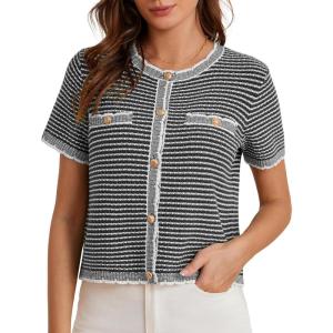imageGRACE KARIN Womens 2025 Summer Striped Cardigan Sweaters Casual Short Sleeve Open Front Button Down Knit Sweater TopsStripe Black