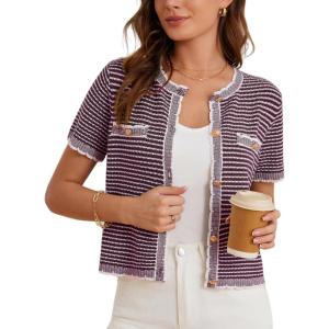 imageGRACE KARIN Womens 2025 Summer Striped Cardigan Sweaters Casual Short Sleeve Open Front Button Down Knit Sweater TopsStripe Wine Red
