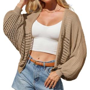 imageGRACE KARIN Womens Lightweight Cardigan Open Front Long Sleeve Hollow Out Sweater Loose Boho Beach Crochet Cover UpKhaki