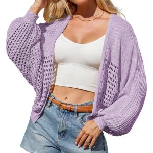 imageGRACE KARIN Womens Lightweight Cardigan Open Front Long Sleeve Hollow Out Sweater Loose Boho Beach Crochet Cover UpLilac