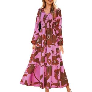 imageGRACE KARIN Womens Long Sleeve Dress Fall V Neck Smocked Tiered ALine Dresses Formal Cocktail Wedding Guest Maxi DressPink Brown