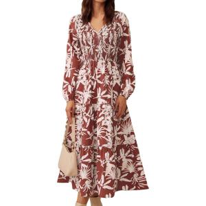 imageGRACE KARIN Womens Long Sleeve Dress Fall V Neck Smocked Tiered ALine Dresses Formal Cocktail Wedding Guest Maxi DressRed White