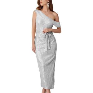 imageGRACE KARIN Womens Sequin Dress Sparkly One Shoulder Cocktail Dresses Formal Wedding Maxi Dress Elegant Evening GownSliver