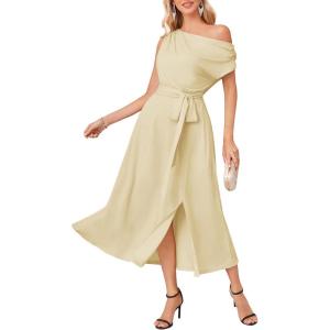 imageGRACE KARIN Womens Sleeveless One Shoulder Midi Cocktail Party Dress Satin Cap Sleeve Tie Waist Elegant ALine Flowy DressesApricot