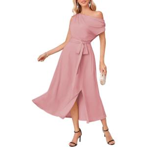 imageGRACE KARIN Womens Sleeveless One Shoulder Midi Cocktail Party Dress Satin Cap Sleeve Tie Waist Elegant ALine Flowy DressesGrey Pink