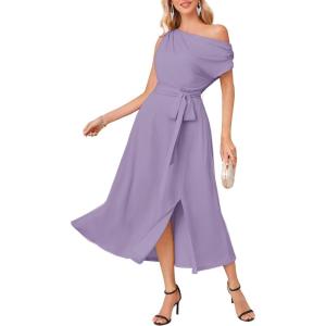 imageGRACE KARIN Womens Sleeveless One Shoulder Midi Cocktail Party Dress Satin Cap Sleeve Tie Waist Elegant ALine Flowy DressesLilac