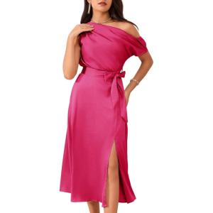 imageGRACE KARIN Womens Sleeveless One Shoulder Midi Cocktail Party Dress Satin Cap Sleeve Tie Waist Elegant ALine Flowy DressesRose Red