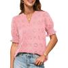 imageGRACE KARIN Womens Summer Tops Puff Short Sleeve V Neck Blouses Hollow Out Lace Embroidered Blouses ShirtsPink
