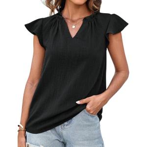 imageGRACE KARIN Womens 2025 Short Sleeve Summer Tops Casual Ruffle V Neck Dressy Ruched Trendy Blouse ShirtsBlack