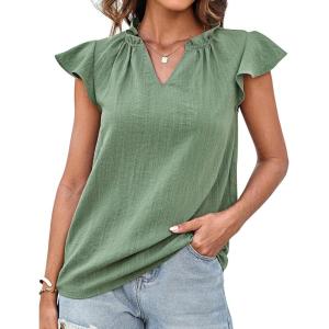 imageGRACE KARIN Womens 2025 Short Sleeve Summer Tops Casual Ruffle V Neck Dressy Ruched Trendy Blouse ShirtsGreen