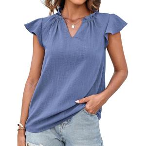 imageGRACE KARIN Womens 2025 Short Sleeve Summer Tops Casual Ruffle V Neck Dressy Ruched Trendy Blouse ShirtsGrey Blue