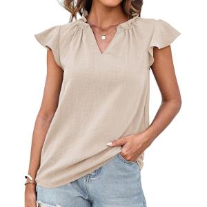 imageGRACE KARIN Womens 2025 Short Sleeve Summer Tops Casual Ruffle V Neck Dressy Ruched Trendy Blouse ShirtsKhaki