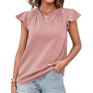 imageGRACE KARIN Womens 2025 Short Sleeve Summer Tops Casual Ruffle V Neck Dressy Ruched Trendy Blouse ShirtsPink