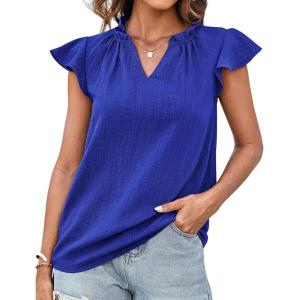 imageGRACE KARIN Womens 2025 Short Sleeve Summer Tops Casual Ruffle V Neck Dressy Ruched Trendy Blouse ShirtsRoyal Blue