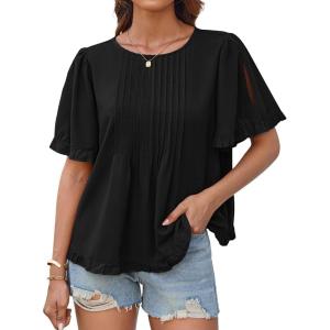 imageGRACE KARIN Womens 2025 Summer Babydoll Tops Casual Crewneck Ruffle Sleeve Shirts Loose Fit Pleated Blouse OutfitsBlack