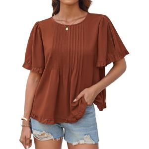 imageGRACE KARIN Womens 2025 Summer Babydoll Tops Casual Crewneck Ruffle Sleeve Shirts Loose Fit Pleated Blouse OutfitsBrick Red
