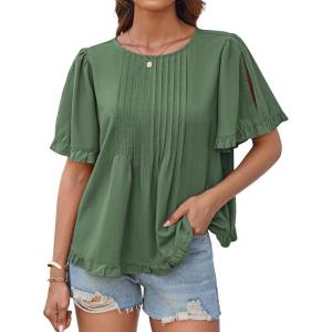 imageGRACE KARIN Womens 2025 Summer Babydoll Tops Casual Crewneck Ruffle Sleeve Shirts Loose Fit Pleated Blouse OutfitsGreen