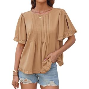 imageGRACE KARIN Womens 2025 Summer Babydoll Tops Casual Crewneck Ruffle Sleeve Shirts Loose Fit Pleated Blouse OutfitsKhaki