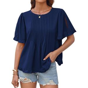 imageGRACE KARIN Womens 2025 Summer Babydoll Tops Casual Crewneck Ruffle Sleeve Shirts Loose Fit Pleated Blouse OutfitsNavy Blue