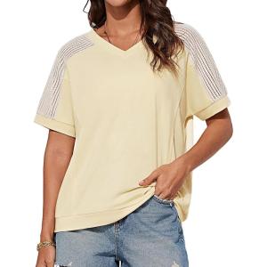 imageGRACE KARIN Womens Casual V Neck Short Sleeve Tops 2025 Summer Hollow Out Lightweight Loose Tunic Tees BlousesApricot
