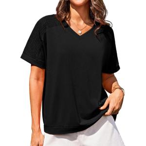 imageGRACE KARIN Womens Casual V Neck Short Sleeve Tops 2025 Summer Hollow Out Lightweight Loose Tunic Tees BlousesBlack