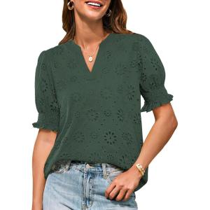 imageGRACE KARIN Womens Summer Tops Puff Short Sleeve V Neck Blouses Hollow Out Lace Embroidered Blouses ShirtsArmy Green