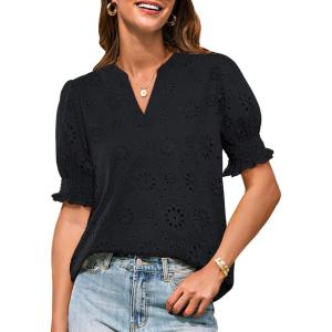 imageGRACE KARIN Womens Summer Tops Puff Short Sleeve V Neck Blouses Hollow Out Lace Embroidered Blouses ShirtsBlack