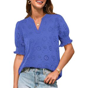 imageGRACE KARIN Womens Summer Tops Puff Short Sleeve V Neck Blouses Hollow Out Lace Embroidered Blouses ShirtsGray Blue