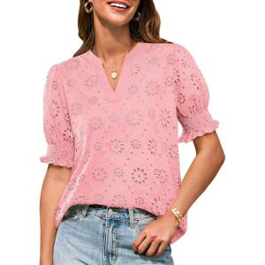 imageGRACE KARIN Womens Summer Tops Puff Short Sleeve V Neck Blouses Hollow Out Lace Embroidered Blouses ShirtsPink