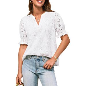 imageGRACE KARIN Womens Summer Tops Puff Short Sleeve V Neck Blouses Hollow Out Lace Embroidered Blouses ShirtsWhite