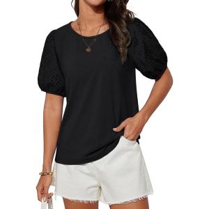 imageGRACE KARIN Short Sleeve Casual Tops for Women Dressy Summer Crewneck Puff Loose Fit Eyelet Top Light Work Blouses ShirtsBlack