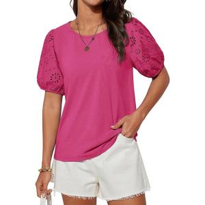 imageGRACE KARIN Short Sleeve Casual Tops for Women Dressy Summer Crewneck Puff Loose Fit Eyelet Top Light Work Blouses ShirtsHot Pink
