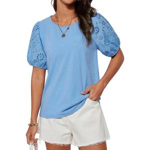imageGRACE KARIN Short Sleeve Casual Tops for Women Dressy Summer Crewneck Puff Loose Fit Eyelet Top Light Work Blouses ShirtsLight Blue